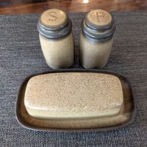 Vintage Denby Romany brown butter dish and salt & pepper shakers